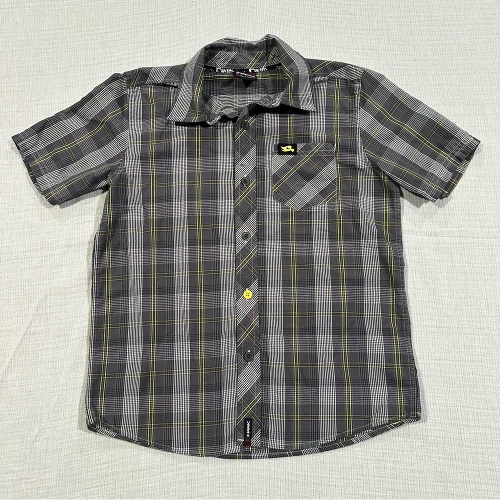 Tony Hawk Boys 7X/XL Black, Gray & Yellow Plaid Button Down Short Sleeve Shirt